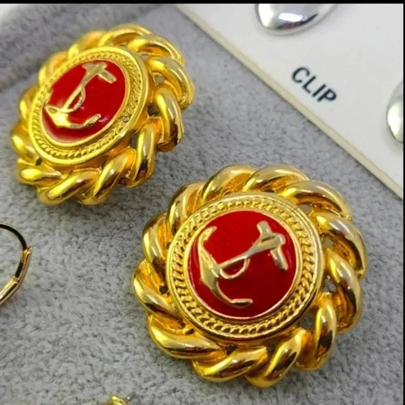 Vintage Jewelry - Vintage earrings gold tone red color with boat anchor